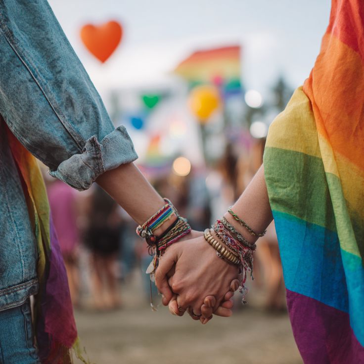 Two people holding hands, adorned with colorful bracelets, against a festive background of rainbow flags and balloons.