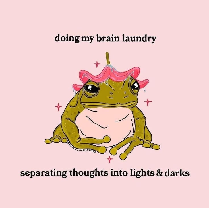 A cartoon frog wearing a pink brain-shaped hat, sitting against a light pink background with the text 'doing my brain laundry' and 'separating thoughts into lights & darks' below it.