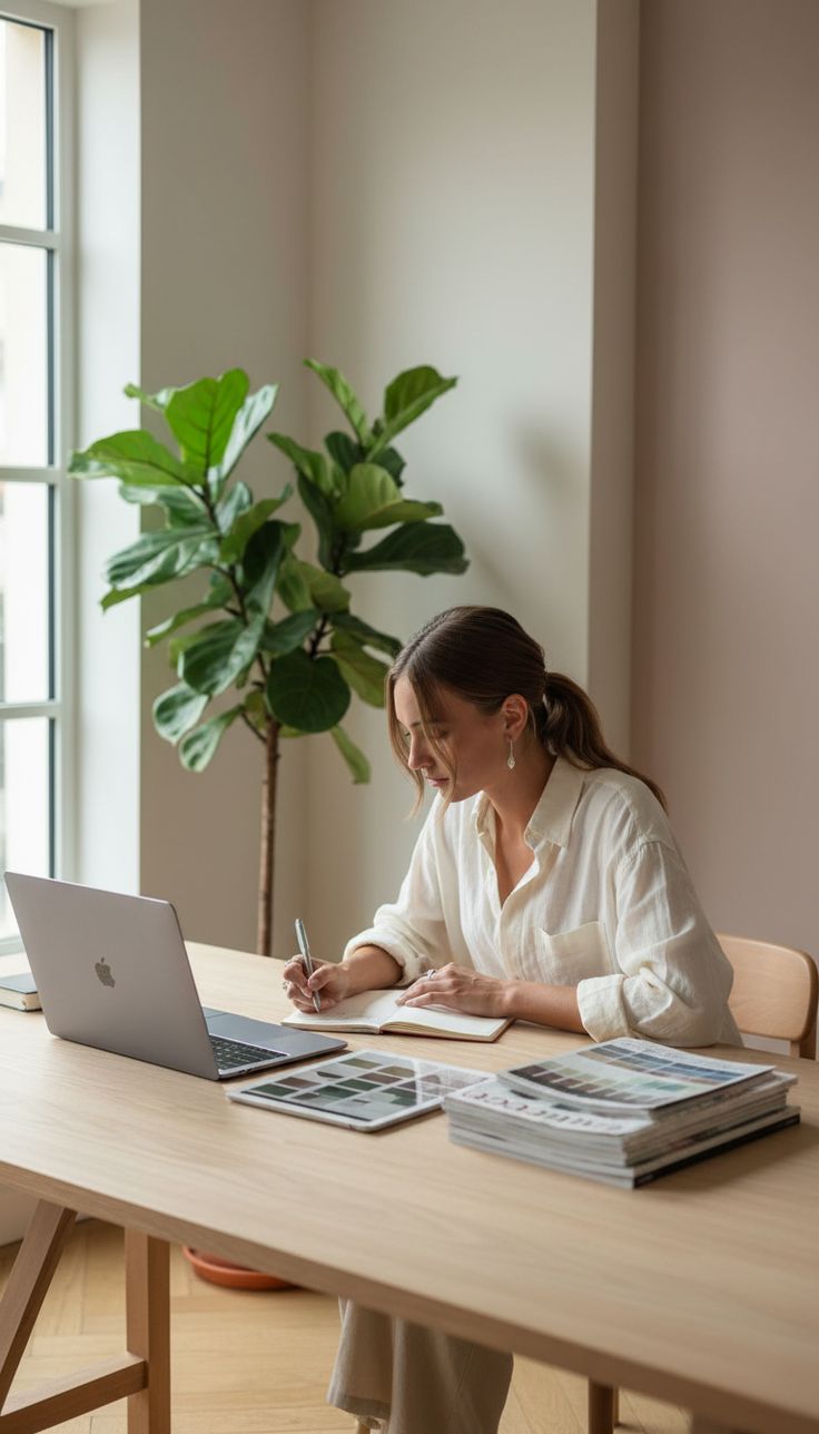 A woman in a light shirt is sitting at a wooden desk, writing in a notebook while using a laptop. A large plant is visible in the background.
